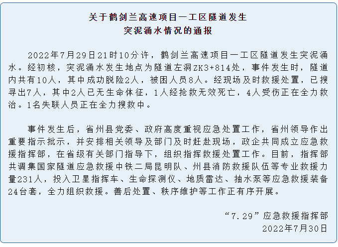 云南一在建高速公路隧道发生突泥涌水 已致3人遇难1人失联
